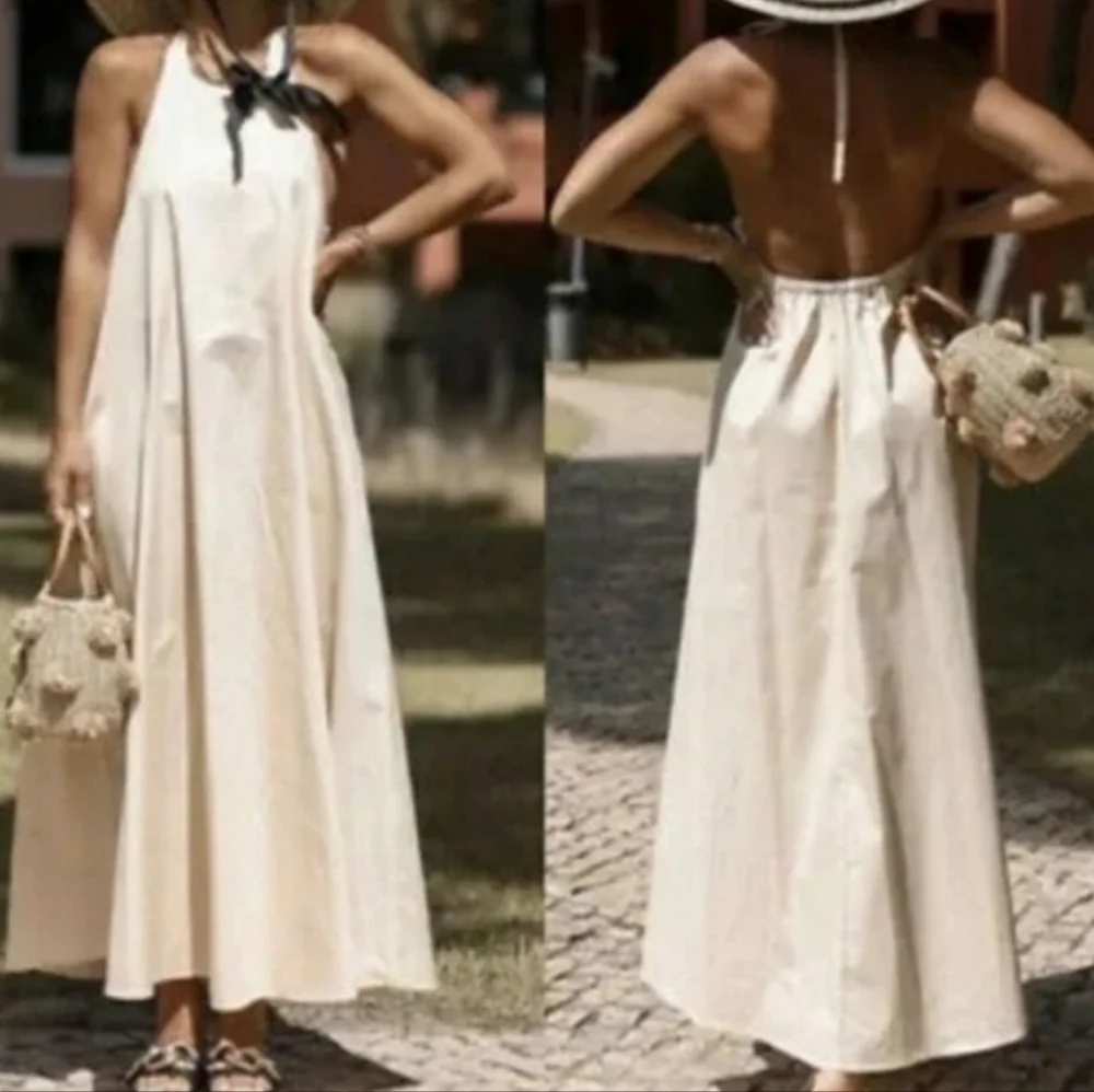 Zara Dress Size M Maxi Halter Dress Cotton- Cream Tan NWT - Picture 1 of 13